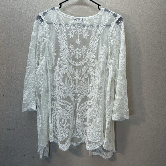 Rachel Zoe Open Front Duster Cover Up OS Embroidered Floral Boho Western White - Picture 3 of 3